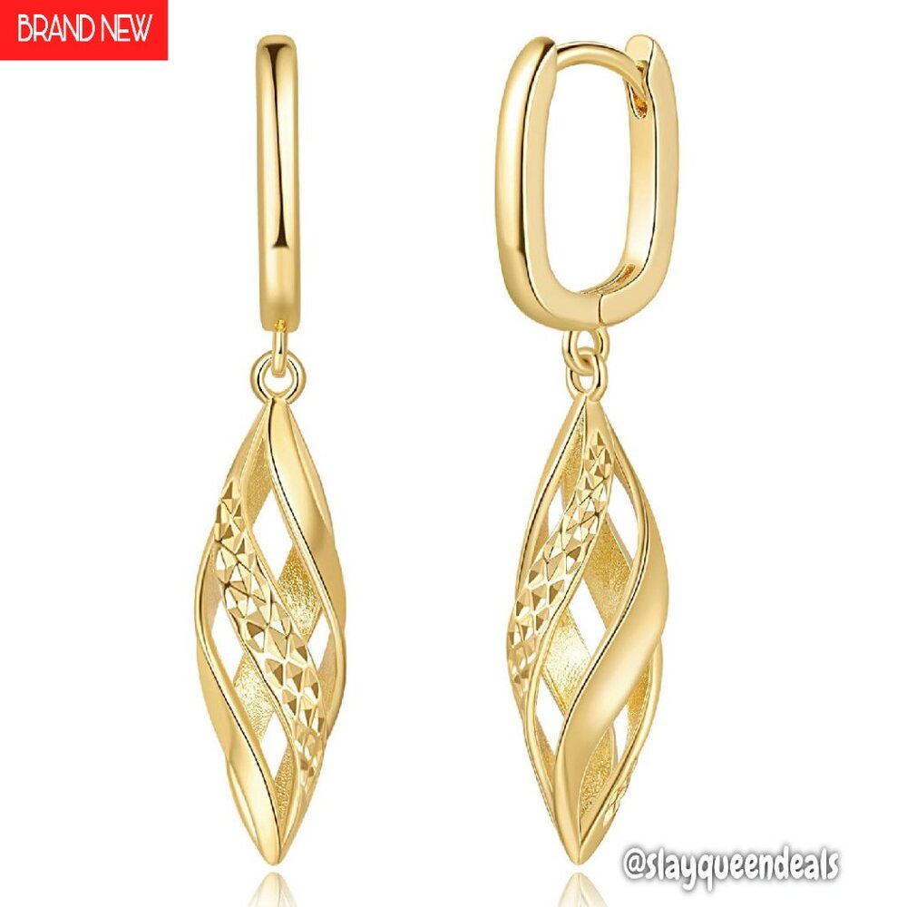14k Gold Plated Drop Earrings 40mm Twisted Hollow Dangle Lever Back